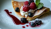 Fresh berries and whipped cream on golden crepe with powdered sugar and berry sauce, macro food photography on white plate, shallow depth of field.