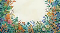 Colorful botanical border frame with hand-drawn wildflowers, ferns, and foliage in orange, blue, and green tones on cream background. Isolated design element for invitations, cards, and creative projects.