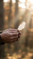 Mature male hands holding white feather in forest setting with warm bokeh background and sunlight, symbolizing hope, freedom, spirituality and new beginnings.