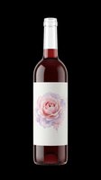 Red wine bottle with watercolor rose label, isolated on transparent background. Ready for t-shirt design, stickers, print on demand, sublimation, and clipart use.