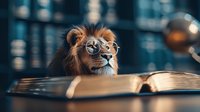 Lion wearing round glasses reading open book in library with moody blue lighting and bokeh background. Creative concept for education and wisdom.