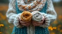 Hands holding colorful yarn balls in autumn garden with orange wildflowers. Cozy knitted sweater sleeves showcase warm mustard and beige wool skeins against blurred nature.