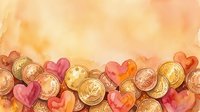 Watercolor hearts and golden coins scattered on warm textured background for romantic finance concepts, wedding budgets, love money themes, Valentine's Day designs.