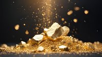 Glowing golden nuggets and dust scattered on dark background with magical sparkles and bokeh lights creating luxurious composition.