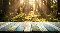 Wooden deck with blurred forest background and golden sunlight filtering through trees, suitable for product displays and nature-themed designs.