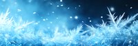 Delicate frost crystals forming natural patterns against blue winter background with falling snow, creating magical seasonal atmosphere.