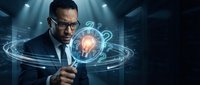 Professional businessman examining glowing digital question marks through magnifying glass in futuristic technology environment for business analysis.