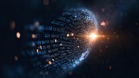 Digital binary code forming sphere shape with glowing light effect and particles on dark background, representing global data technology and cybersecurity concept.
