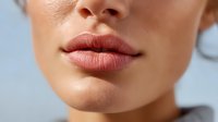 Close-up of plump, glossy lips with natural pink lipstick against smooth skin and soft blue background, showcasing modern beauty trends.