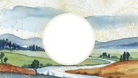 Watercolor landscape with blank circle frame for text, rolling hills, trees and river, celestial map background design for invitations or branding.