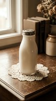 Fresh milk in glass bottle on lace doily creates rustic farmhouse kitchen scene with warm natural lighting and vintage home decor elements.