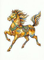 Ornate golden horse with decorative saddle and flowing mane, isolated on white background. Suitable for clipart, t-shirt design, children's books, and textile applications.