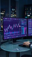Financial trader analyzing stock market data on computer monitor with candlestick charts and trading analytics in modern office at night.
