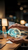 Hands holding glowing digital brain with neural network connections in modern office workspace, representing artificial intelligence, innovation, and technology solutions.