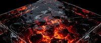 Molten lava flowing through cracked volcanic rock surface with glowing red hot magma and cooling black stone formations creating dramatic geological texture.