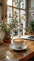 Cozy coffee cup with latte art on wooden table near window with potted flowers and laptop creating warm morning workspace atmosphere for remote work.