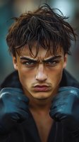Young athletic male with intense gaze wearing black boxing gloves and messy dark hair against blurred background, dramatic portrait capturing determination and strength.