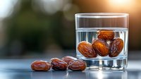 Fresh dates soaking in clear water glass with scattered dry dates on reflective surface against blurred warm background, showing traditional Ramadan preparation.