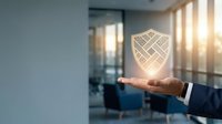 Businessman in dark suit holding glowing shield icon symbolizing data protection, cybersecurity, and network safety in modern office environment with glass partitions.