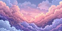 Dreamy sunset sky with fluffy cumulus clouds in pink and purple hues creating magical atmosphere. Panoramic cloudscape view with ethereal evening light and starry elements.