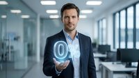 Caucasian male professional in business casual attire holding glowing zero percent symbol in modern office environment, representing interest rates, financial services, and banking solutions.