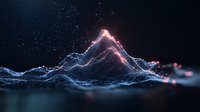 Glowing mountain peak formed by luminous particles and light waves against dark background, digital visualization of data landscape with neon effects.