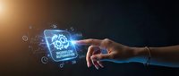 Businesswoman touching glowing atom symbol with interconnected icons representing molecular structure, innovation, and technology automation for digital transformation and scientific research.
