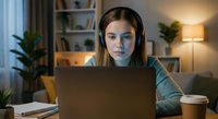 Young woman with headphones working on laptop in cozy home office during evening hours with warm lighting and plants in background.