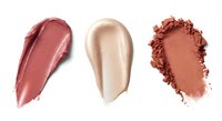 Cosmetic makeup swatches in nude and rose tones isolated on white background. Beauty product samples for branding and advertising campaigns.
