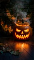Carved jack-o'-lantern with glowing face and smoke emanating from top, positioned against weathered brick wall with autumn leaves on wooden floor for Halloween celebrations.