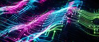 Neon glowing circuit board patterns with flowing magenta, cyan, and green light waves across digital technology background for tech design projects.