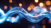 Glowing blue digital wave with particle effects flowing on dark background with bokeh lights, representing data visualization and technology concept.