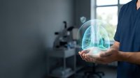 Healthcare professional in blue scrubs holding glowing lungs hologram, representing respiratory health, pulmonology, and medical technology innovation in clinical setting.