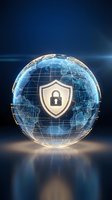 Digital globe with cybersecurity shield and lock icon representing global data protection and network security technology solutions.