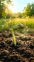 Young seedling sprouting from soil with growth chart overlay symbolizing agricultural success, crop development, and farming business growth in sunlit field setting.
