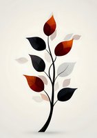 Minimalist branch with red, black and gray leaves on light background, isolated botanical illustration for modern wall art and surface pattern design.