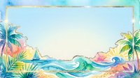 Tropical beach scene with colorful waves, palm trees, and sailboat in watercolor style on isolated white background, ready for design projects.