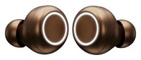 Pair of bronze wireless earbuds with glowing white ring accents, isolated on white background for design and product mockup use.