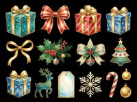 Festive gift boxes with gold bows, holly sprigs, decorative bows, reindeer, ornaments, snowflakes, and candy canes isolated on transparent background. Ready for holiday designs, t-shirts, stickers, clipart, and print-on-demand projects.
