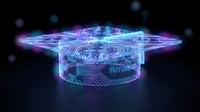 Futuristic holographic graduation cap with glowing circuit patterns and neon lights floating in digital space for technology education concepts.