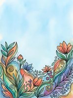 Watercolor floral border with colorful hand-drawn flowers, leaves, and swirls on a soft blue background with copy space for text.