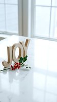 Wooden JOY sign with holly berries on a marble surface near a bright window, evoking festive Christmas holiday warmth and cheer.