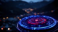 Futuristic glowing circular interface with red and blue neon lights against blurred cityscape background at dusk, creating sci-fi technological atmosphere.