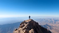 Lone hiker standing on mountain summit overlooking vast landscape with distant mountain ranges and clear blue sky, symbolizing achievement and exploration.