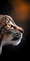 Close-up profile of cat face with striking amber eye, whiskers and detailed fur texture against dark background, dramatic lighting highlights feline features.