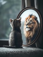 Small gray kitten looking in mirror seeing reflection as majestic lion, representing confidence, dreams and inner strength concept for motivation and aspiration.