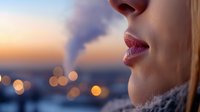 Close up of young woman's lips with blurred city lights and sunset in background, creating atmospheric bokeh effect and dreamy winter mood.