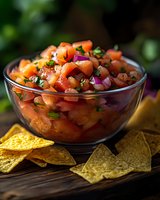 Fresh tomato salsa with diced red onions, cilantro and lime served in glass bowl with tortilla chips on wooden surface for appetizer or condiment use.