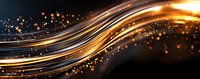 Glowing golden light waves with sparkling particles flowing on dark background create magical energy effect for luxury design projects.