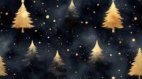 Golden Christmas trees scattered on dark starry background with glowing bokeh lights and magical sparkles create festive winter pattern.
